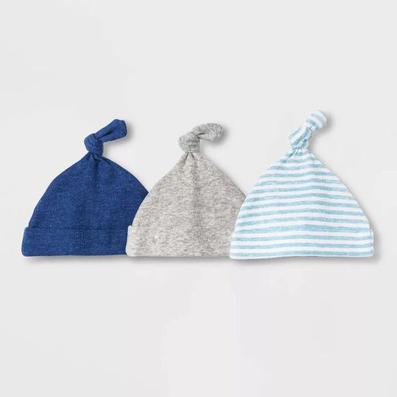 NWT Cloud Island Boys Blue Tones Knotted Baby Beenie Hat - 3 pack NB-0M Infant - Picture 1 of 5
